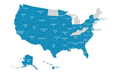 A map of the US showing where our patients reside