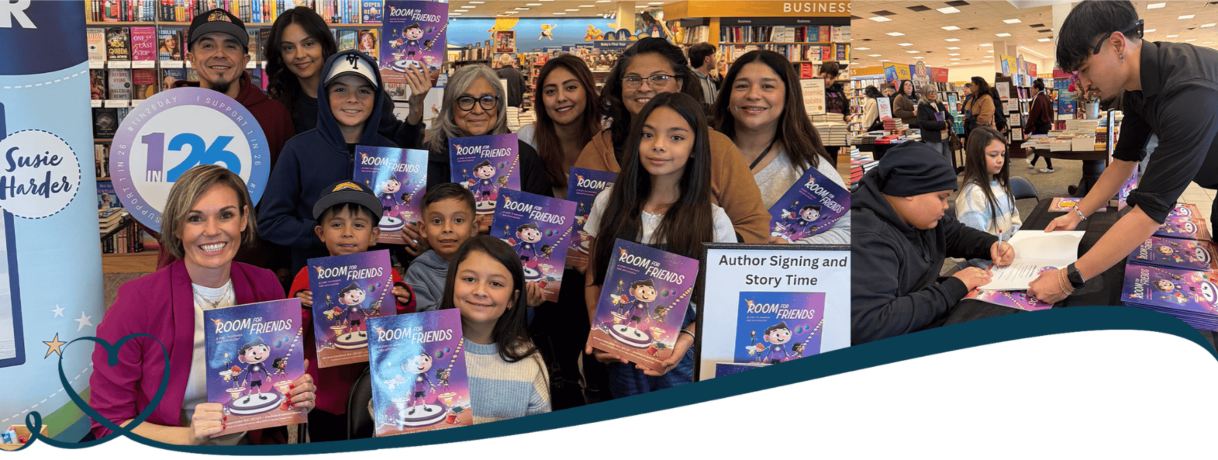 Author Susie Harder smiles with her book Room for Friends