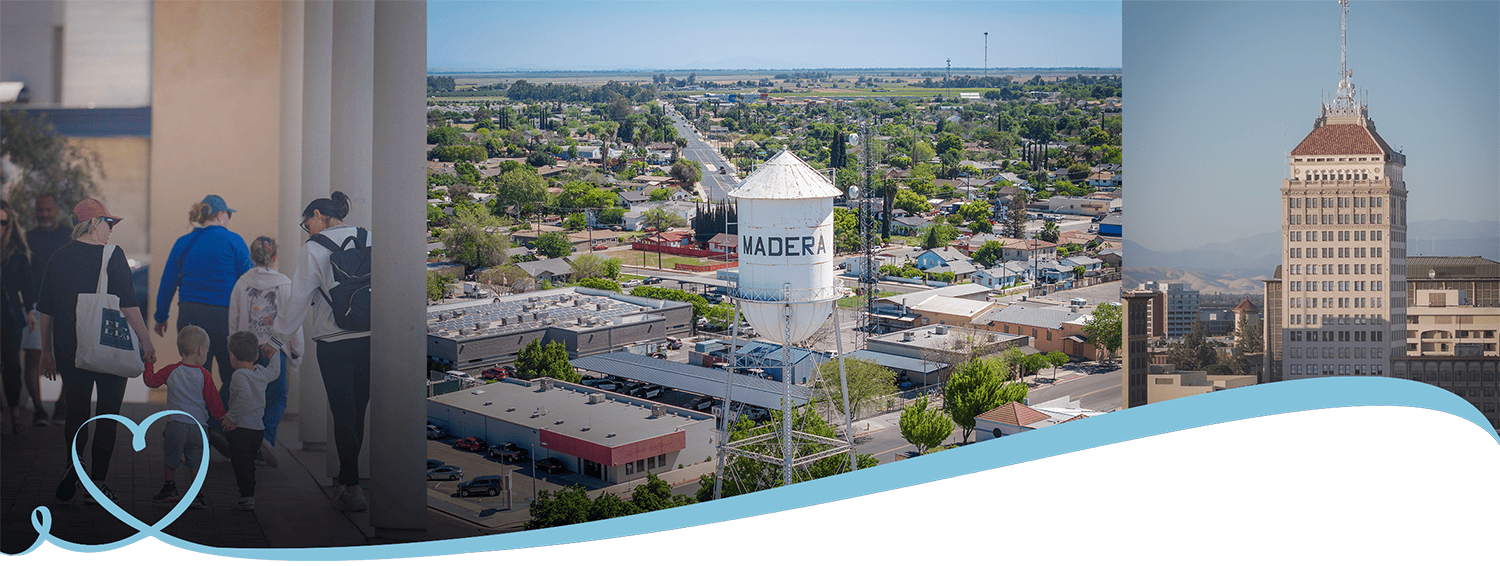 Two photos of the Fresno and Madera skylines and a photo of a family walking together